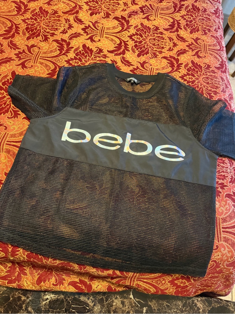 bebe Black Mesh Tee with Iridescent Logo